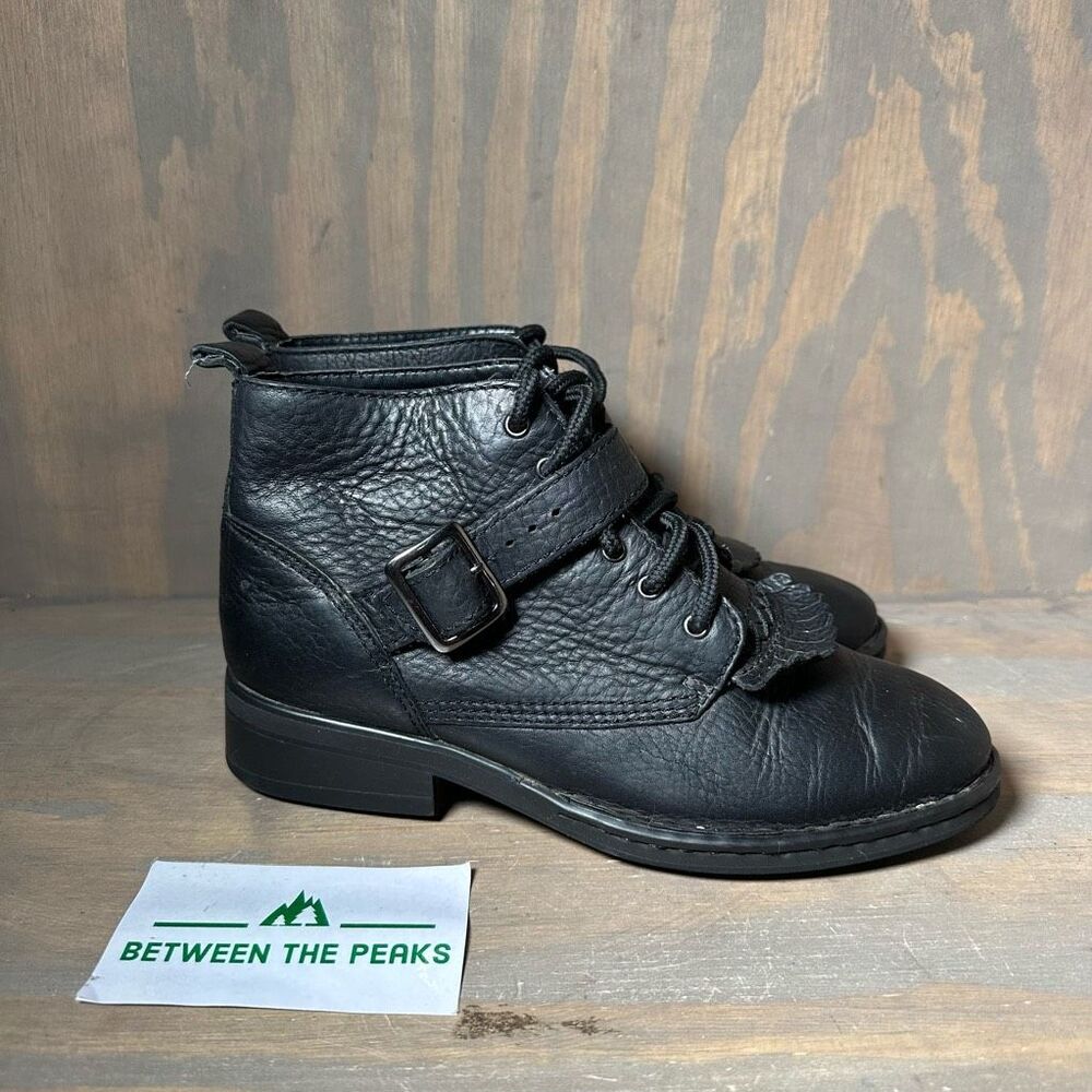 Double H Womens 7 M Ankle Boots Booties Black Leather Straps Buckle Kiltie